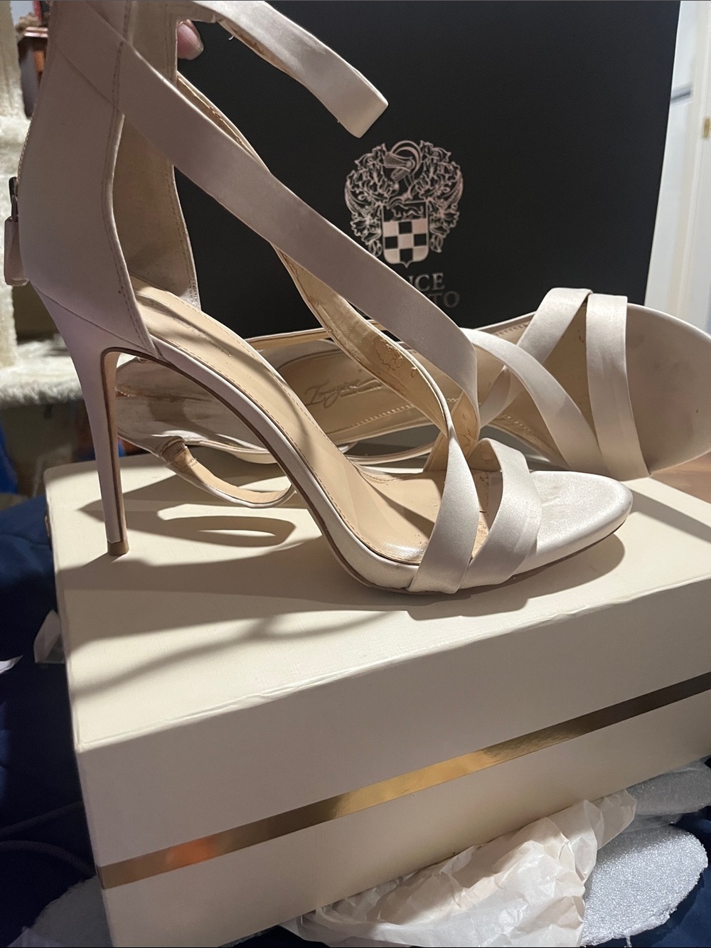 Vince Camuto Champagne Satin Strappy Stiletto Heels with dust bag